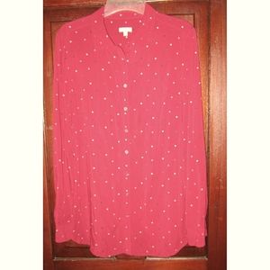 Talbots M Button Down Shirt Blouse Top Tunic Polka Dot Print Rayon Long Burgundy